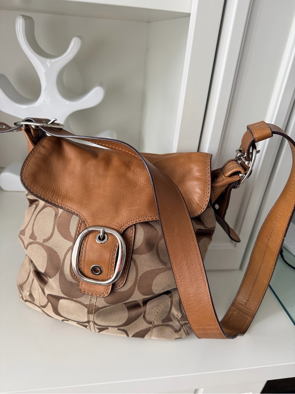 Vintage Y2K COACH Brown Canvas Leather Crossbody Medium Flap Purse Bag F13360